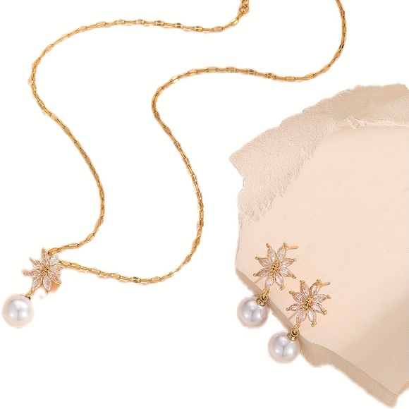 18K Gold Plated Stainless Steel Zircon Earrings & Necklace Set with Pearls - Picture 4 of 5